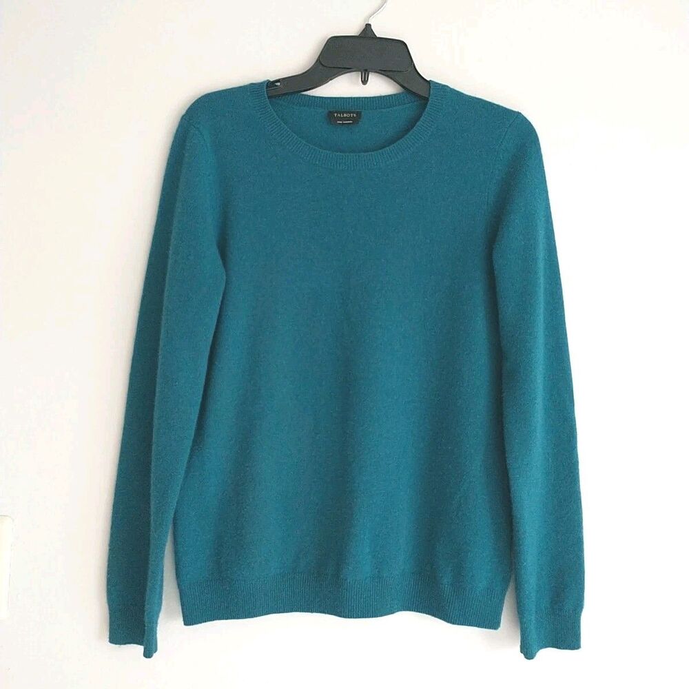 Talbots Pure Cashmere Sweater Womens S/M Green Teal Crewneck Long Sleeve